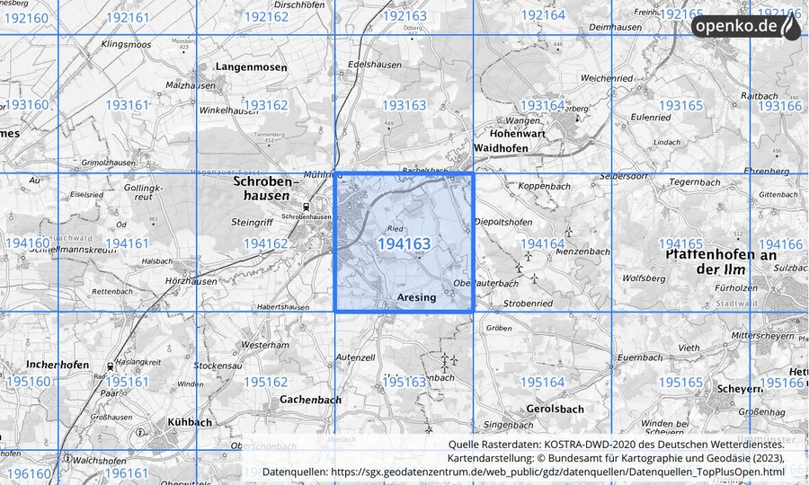 Übersichtskarte des KOSTRA-DWD-2020-Rasterfeldes Nr. 194163