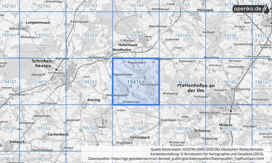 Übersichtskarte des KOSTRA-DWD-2020-Rasterfeldes Nr. 194164