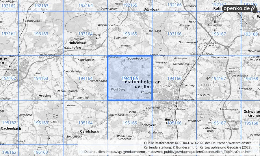 Übersichtskarte des KOSTRA-DWD-2020-Rasterfeldes Nr. 194165