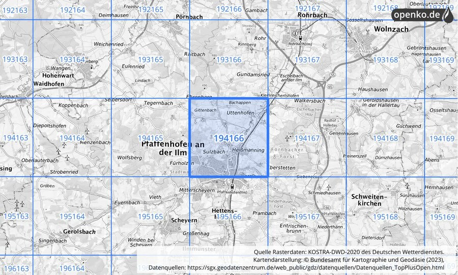 Übersichtskarte des KOSTRA-DWD-2020-Rasterfeldes Nr. 194166