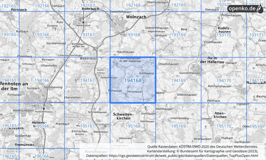 Übersichtskarte des KOSTRA-DWD-2020-Rasterfeldes Nr. 194168