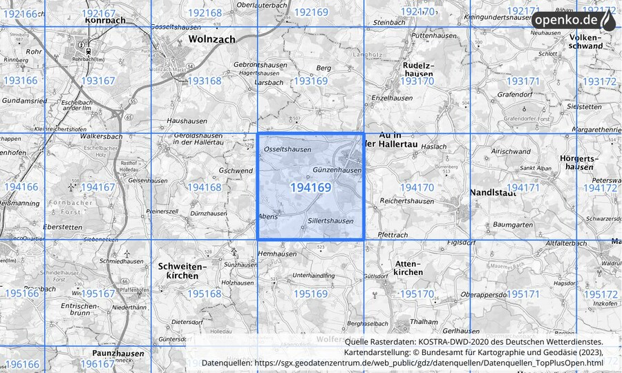 Übersichtskarte des KOSTRA-DWD-2020-Rasterfeldes Nr. 194169