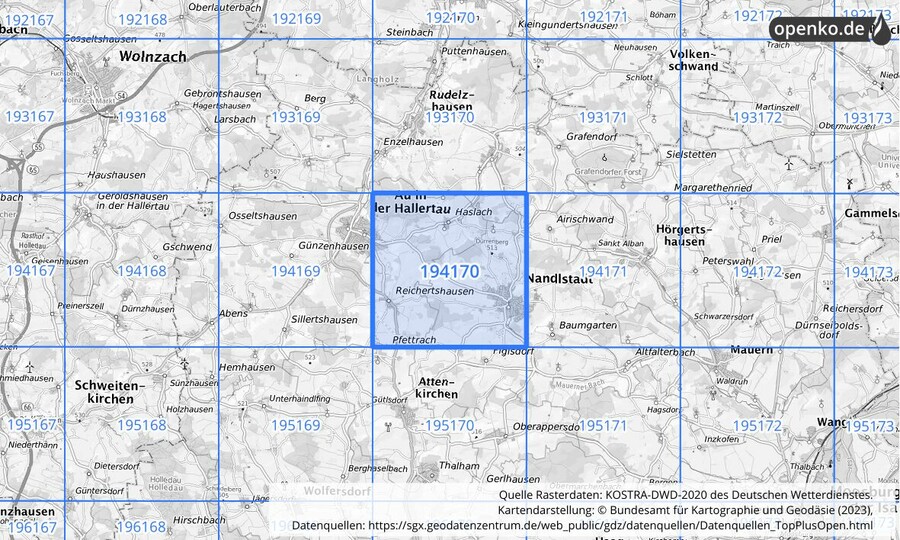 Übersichtskarte des KOSTRA-DWD-2020-Rasterfeldes Nr. 194170