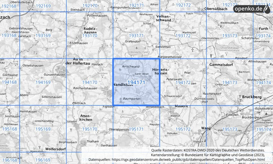 Übersichtskarte des KOSTRA-DWD-2020-Rasterfeldes Nr. 194171