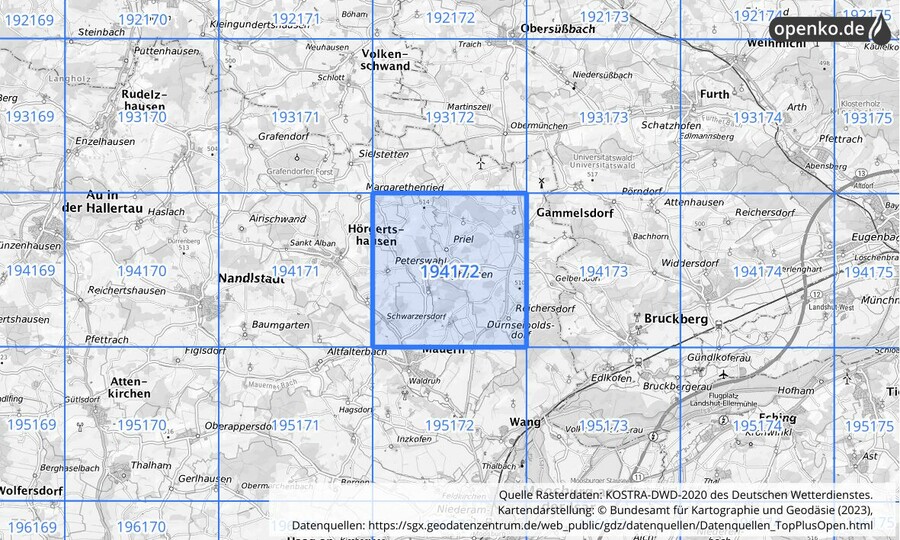 Übersichtskarte des KOSTRA-DWD-2020-Rasterfeldes Nr. 194172