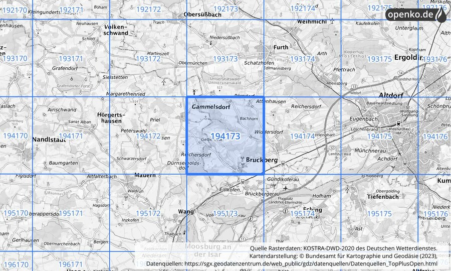 Übersichtskarte des KOSTRA-DWD-2020-Rasterfeldes Nr. 194173