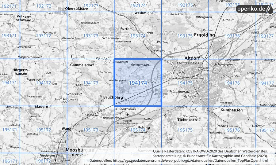 Übersichtskarte des KOSTRA-DWD-2020-Rasterfeldes Nr. 194174