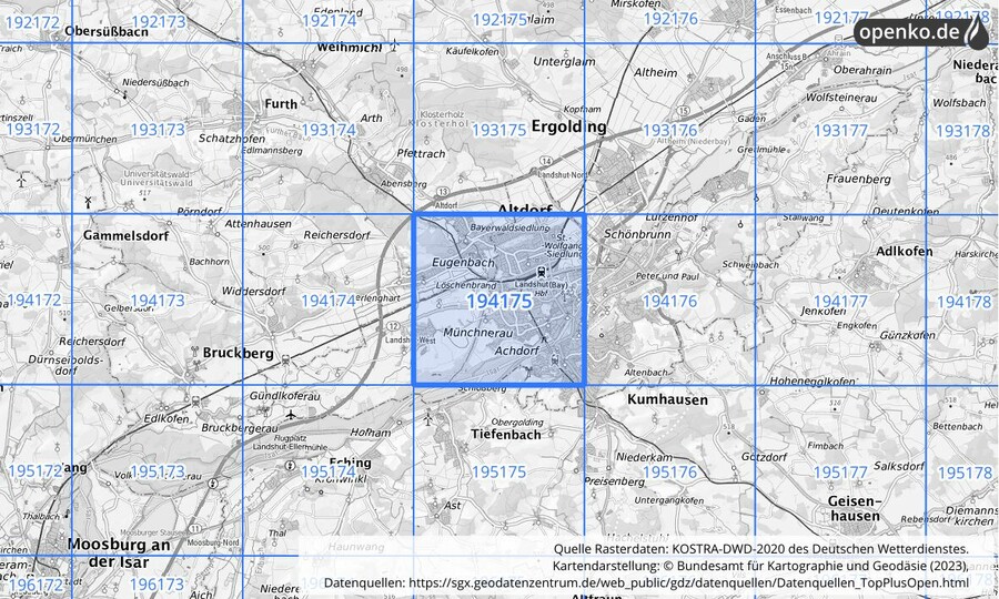 Übersichtskarte des KOSTRA-DWD-2020-Rasterfeldes Nr. 194175