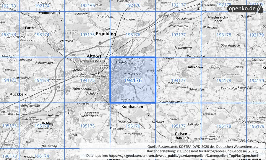 Übersichtskarte des KOSTRA-DWD-2020-Rasterfeldes Nr. 194176