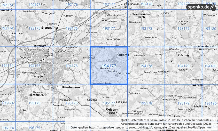 Übersichtskarte des KOSTRA-DWD-2020-Rasterfeldes Nr. 194177