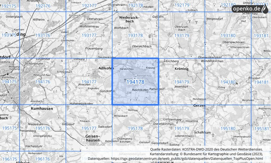 Übersichtskarte des KOSTRA-DWD-2020-Rasterfeldes Nr. 194178