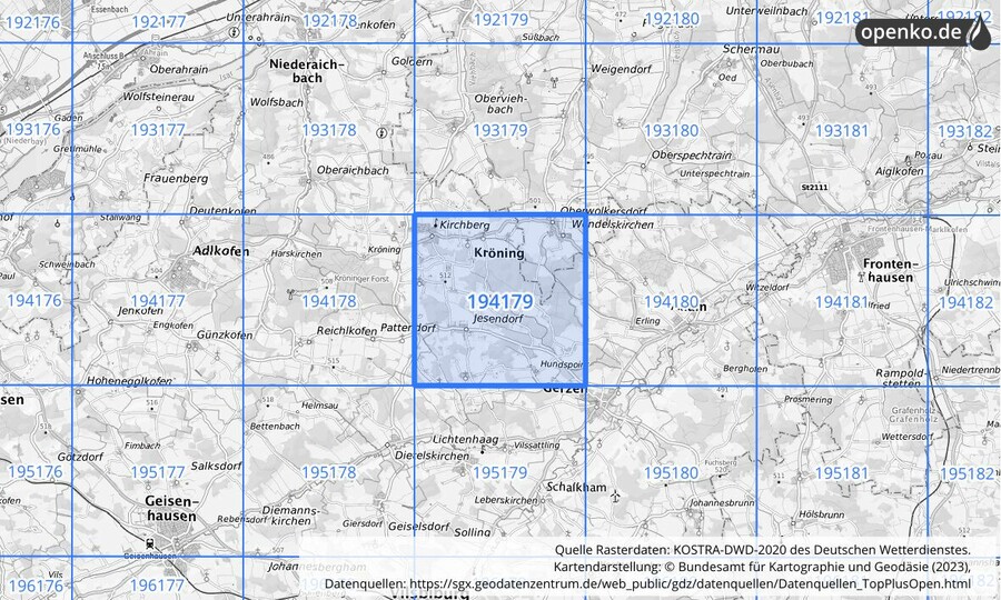 Übersichtskarte des KOSTRA-DWD-2020-Rasterfeldes Nr. 194179