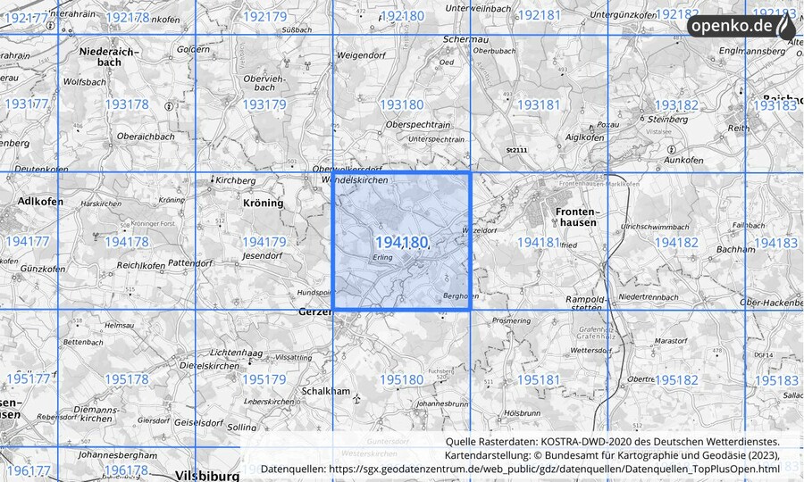 Übersichtskarte des KOSTRA-DWD-2020-Rasterfeldes Nr. 194180