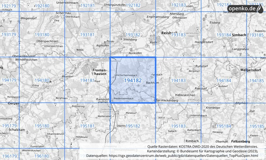 Übersichtskarte des KOSTRA-DWD-2020-Rasterfeldes Nr. 194182