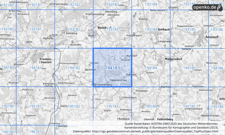 Übersichtskarte des KOSTRA-DWD-2020-Rasterfeldes Nr. 194183