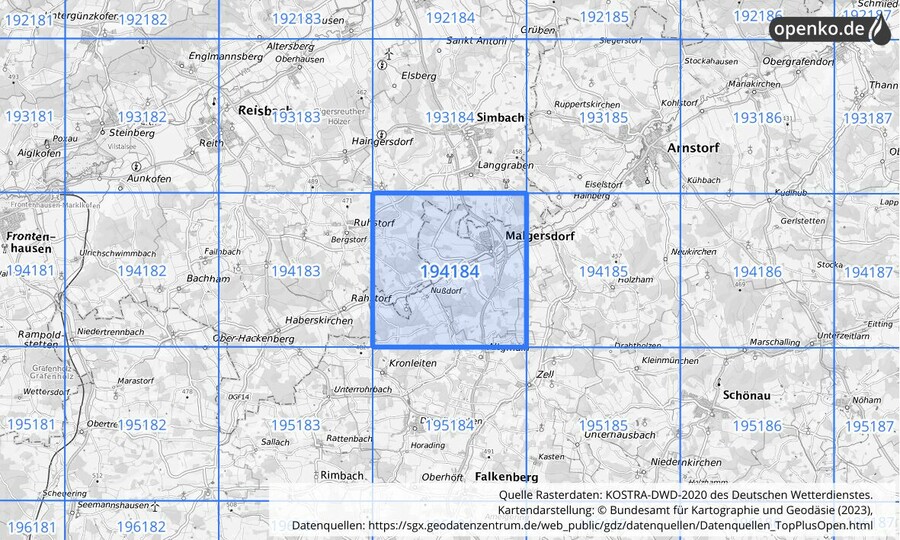 Übersichtskarte des KOSTRA-DWD-2020-Rasterfeldes Nr. 194184