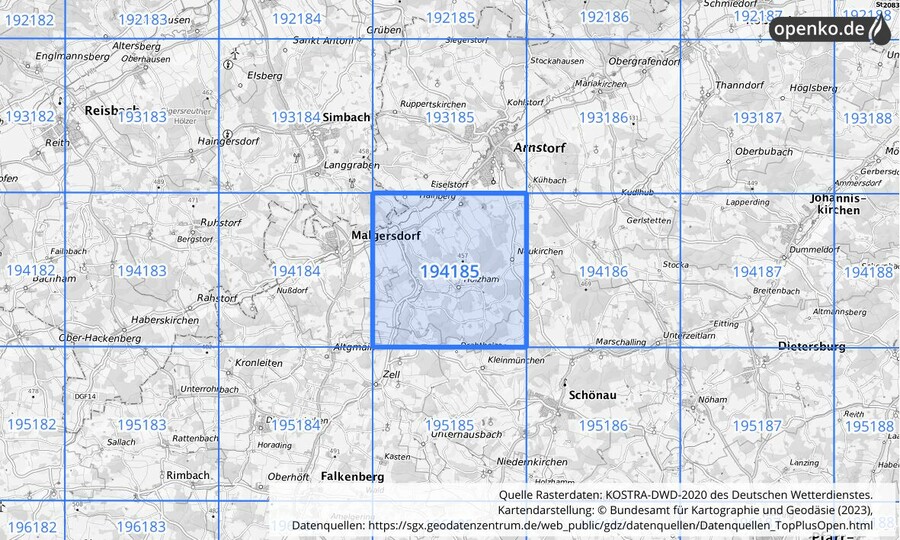 Übersichtskarte des KOSTRA-DWD-2020-Rasterfeldes Nr. 194185