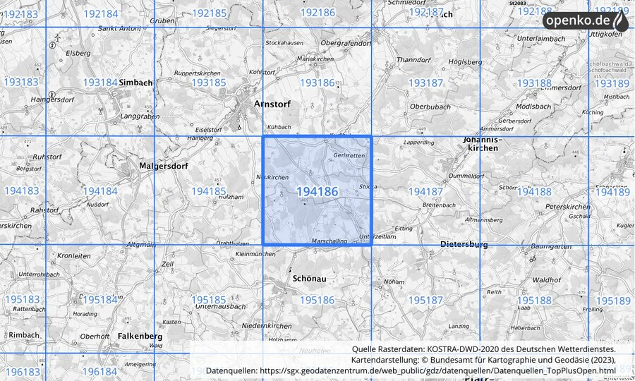 Übersichtskarte des KOSTRA-DWD-2020-Rasterfeldes Nr. 194186