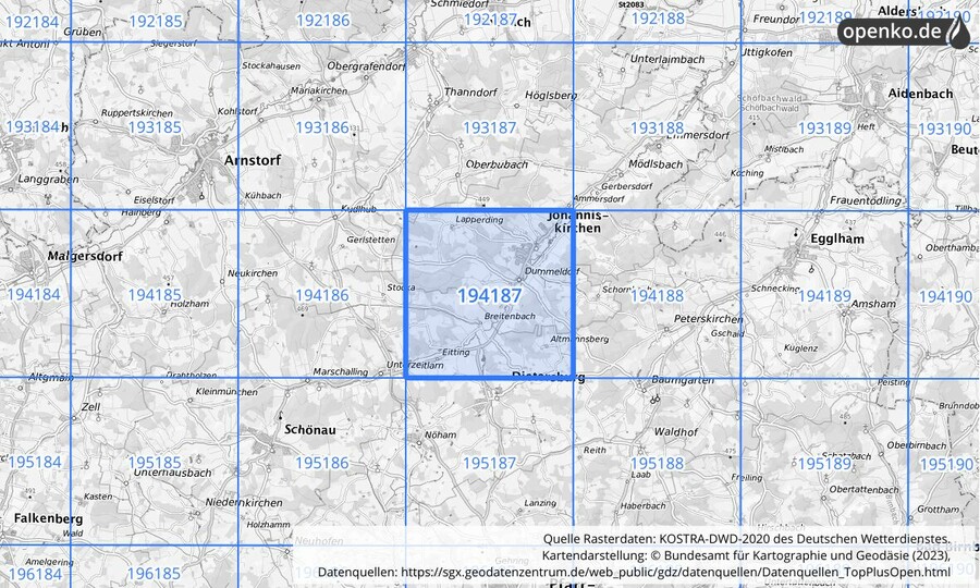 Übersichtskarte des KOSTRA-DWD-2020-Rasterfeldes Nr. 194187