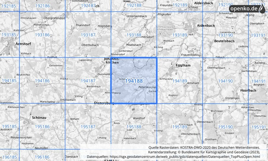 Übersichtskarte des KOSTRA-DWD-2020-Rasterfeldes Nr. 194188