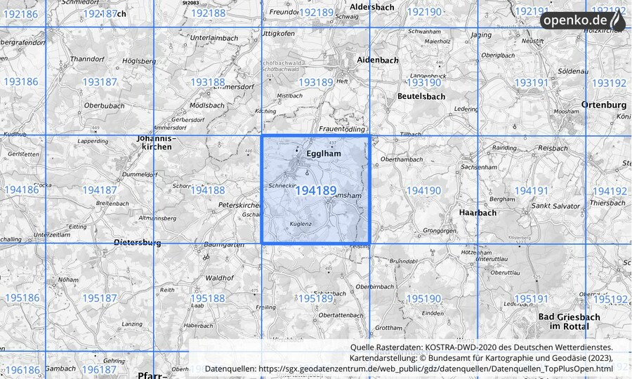 Übersichtskarte des KOSTRA-DWD-2020-Rasterfeldes Nr. 194189