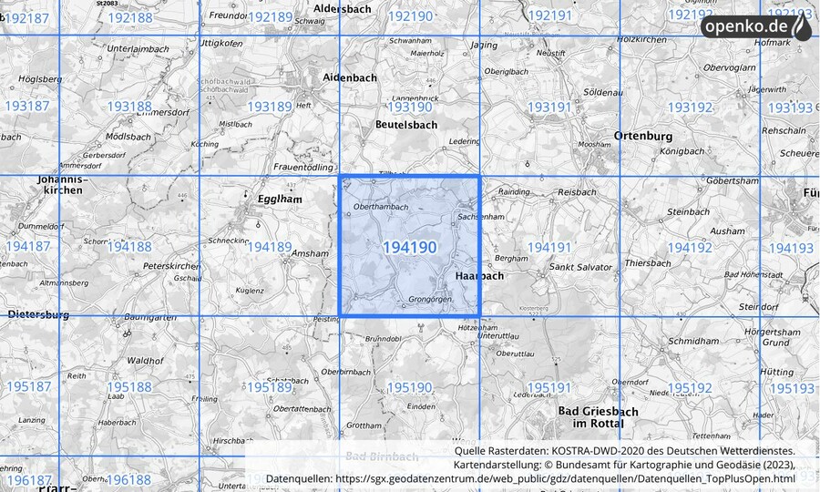 Übersichtskarte des KOSTRA-DWD-2020-Rasterfeldes Nr. 194190