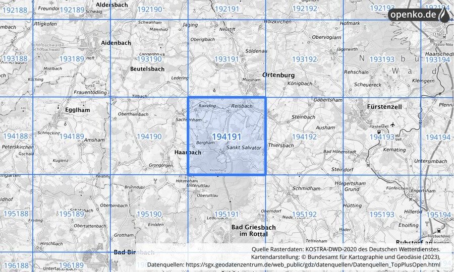 Übersichtskarte des KOSTRA-DWD-2020-Rasterfeldes Nr. 194191