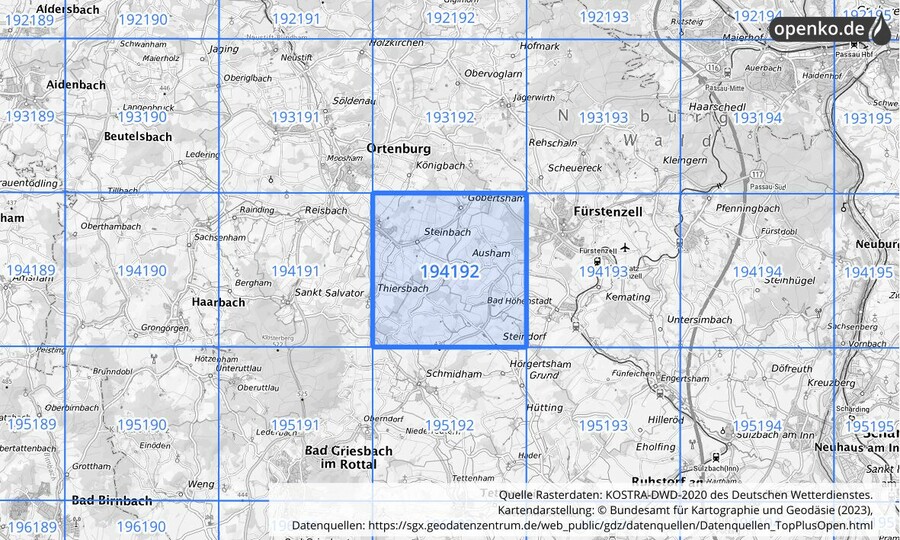 Übersichtskarte des KOSTRA-DWD-2020-Rasterfeldes Nr. 194192