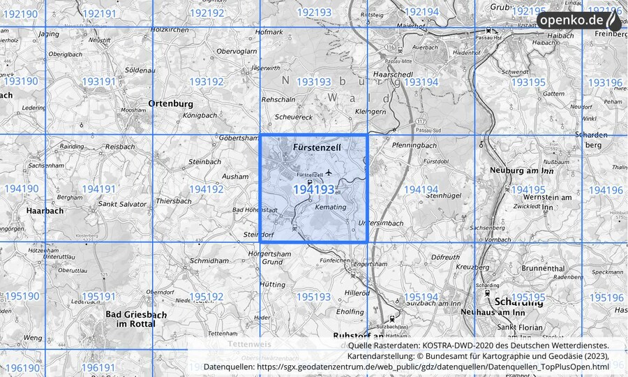 Übersichtskarte des KOSTRA-DWD-2020-Rasterfeldes Nr. 194193