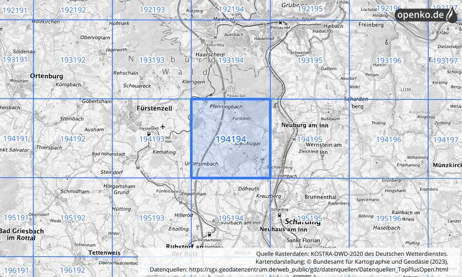 Übersichtskarte des KOSTRA-DWD-2020-Rasterfeldes Nr. 194194