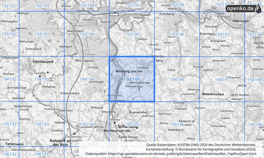 Übersichtskarte des KOSTRA-DWD-2020-Rasterfeldes Nr. 194195