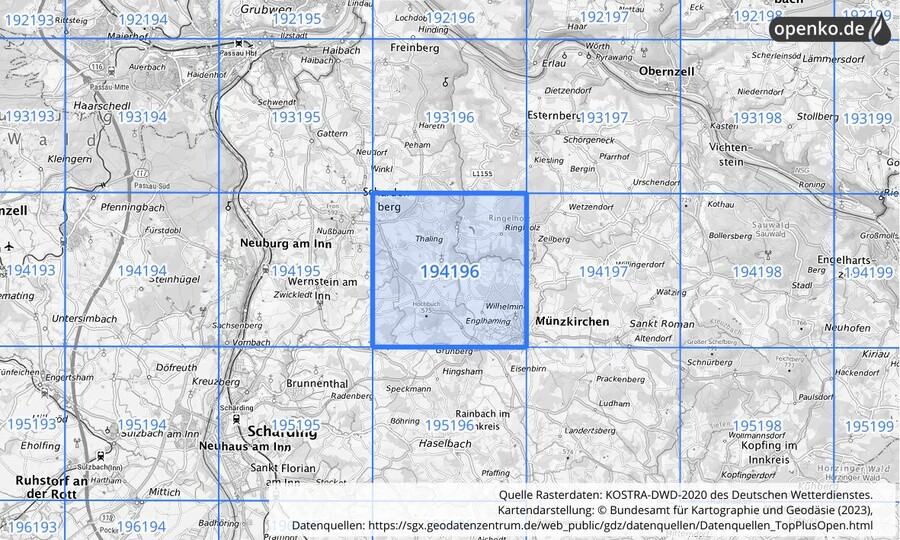 Übersichtskarte des KOSTRA-DWD-2020-Rasterfeldes Nr. 194196