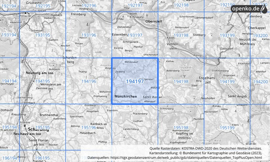 Übersichtskarte des KOSTRA-DWD-2020-Rasterfeldes Nr. 194197