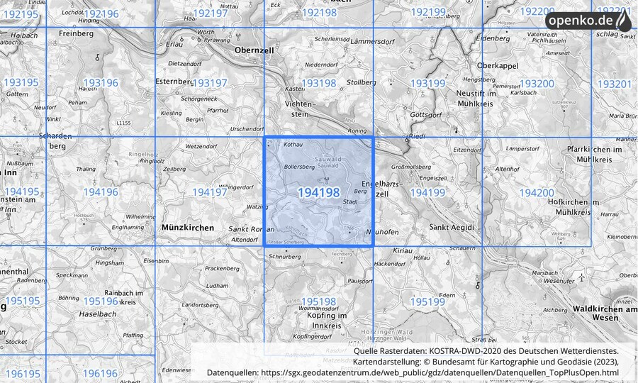 Übersichtskarte des KOSTRA-DWD-2020-Rasterfeldes Nr. 194198