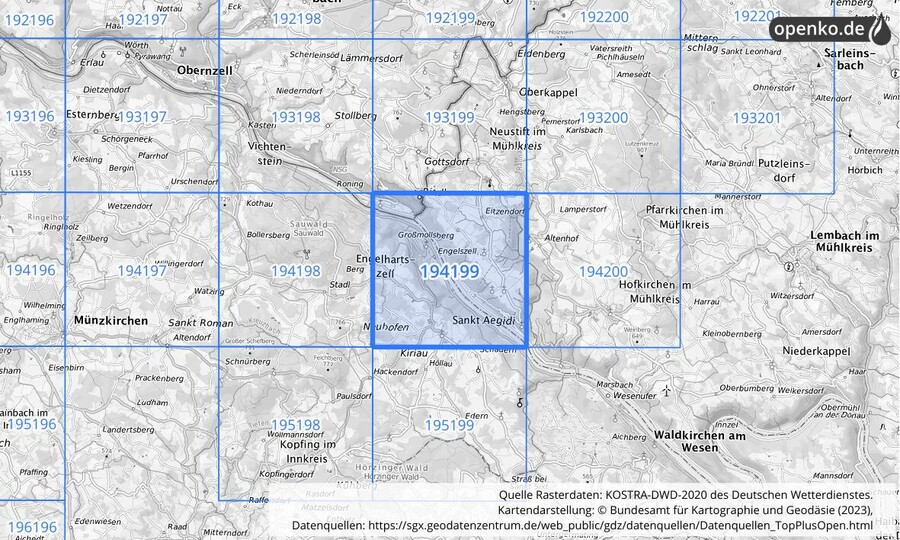 Übersichtskarte des KOSTRA-DWD-2020-Rasterfeldes Nr. 194199