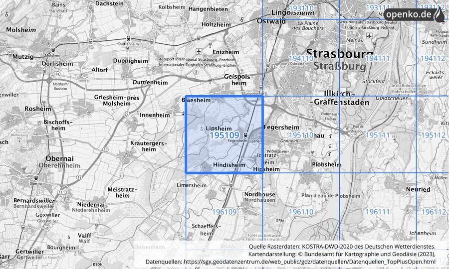 Übersichtskarte des KOSTRA-DWD-2020-Rasterfeldes Nr. 195109