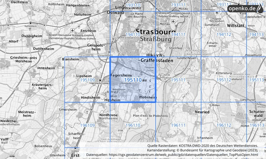 Übersichtskarte des KOSTRA-DWD-2020-Rasterfeldes Nr. 195110