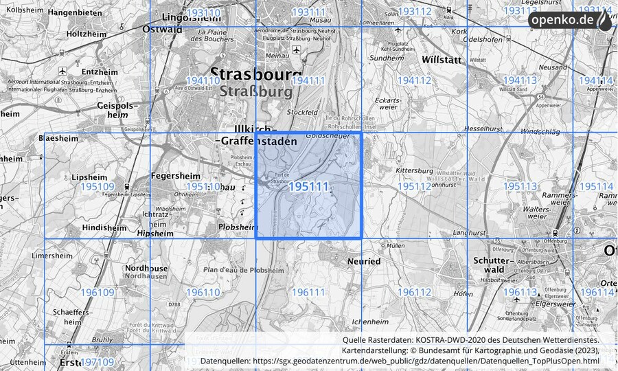 Übersichtskarte des KOSTRA-DWD-2020-Rasterfeldes Nr. 195111