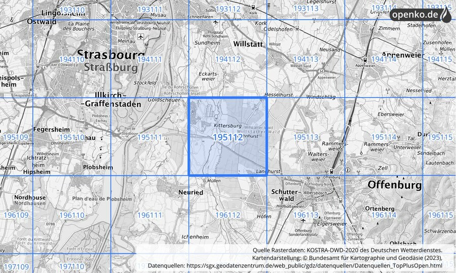 Übersichtskarte des KOSTRA-DWD-2020-Rasterfeldes Nr. 195112