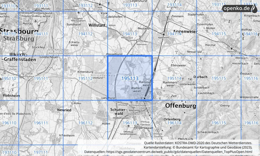 Übersichtskarte des KOSTRA-DWD-2020-Rasterfeldes Nr. 195113