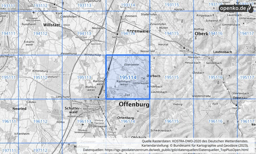 Übersichtskarte des KOSTRA-DWD-2020-Rasterfeldes Nr. 195114