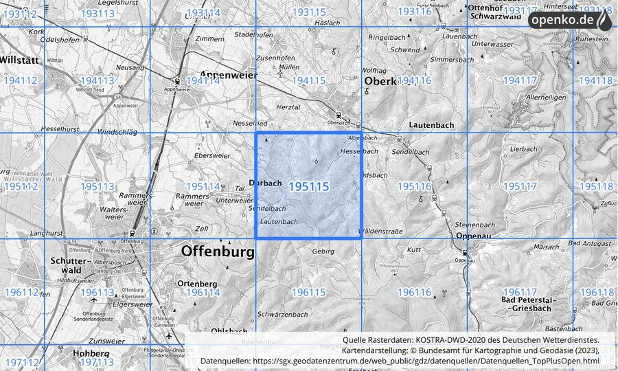 Übersichtskarte des KOSTRA-DWD-2020-Rasterfeldes Nr. 195115