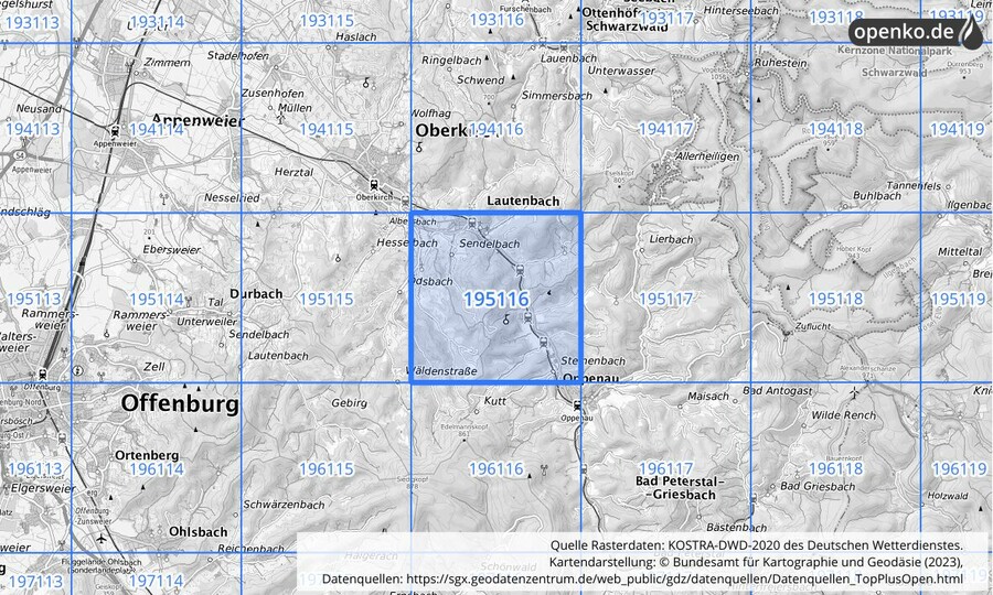 Übersichtskarte des KOSTRA-DWD-2020-Rasterfeldes Nr. 195116