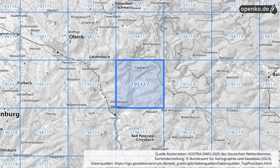 Übersichtskarte des KOSTRA-DWD-2020-Rasterfeldes Nr. 195117