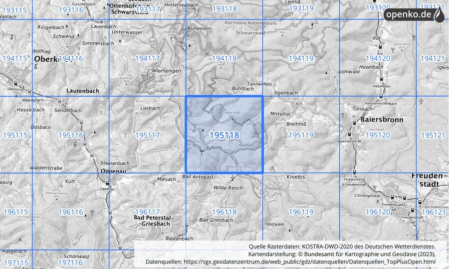 Übersichtskarte des KOSTRA-DWD-2020-Rasterfeldes Nr. 195118