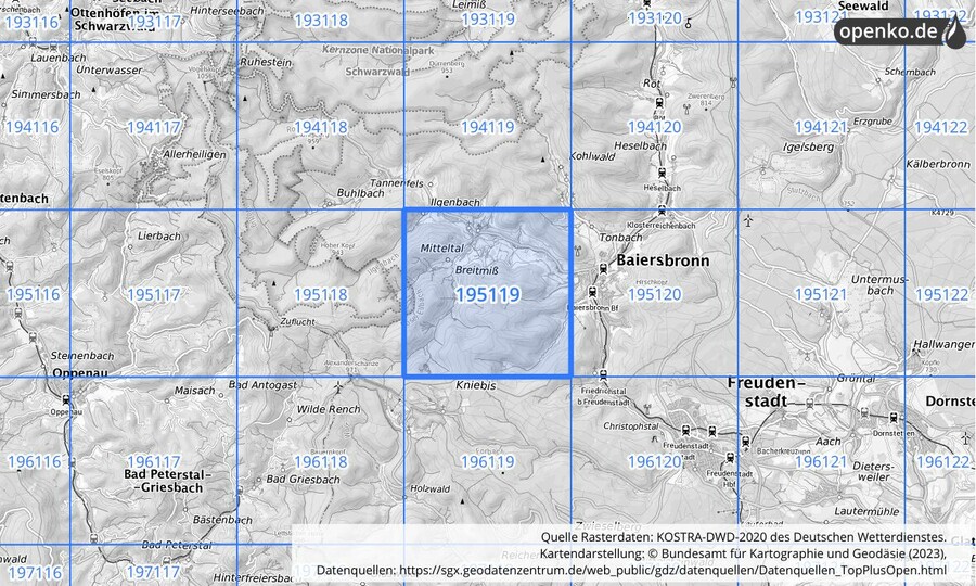Übersichtskarte des KOSTRA-DWD-2020-Rasterfeldes Nr. 195119