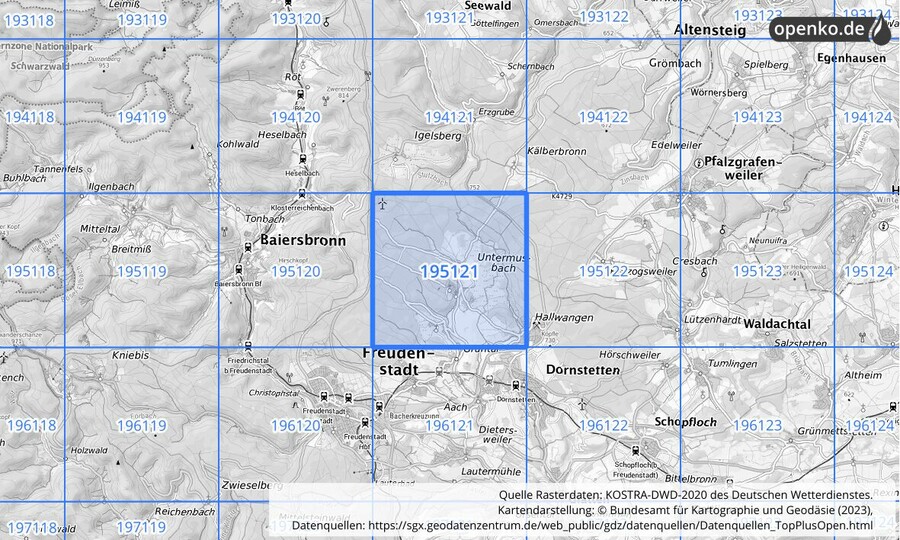Übersichtskarte des KOSTRA-DWD-2020-Rasterfeldes Nr. 195121