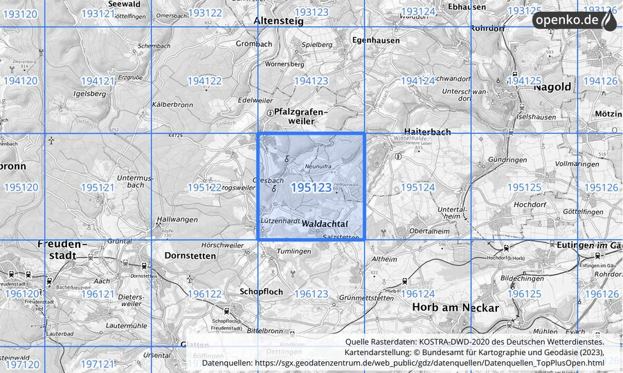 Übersichtskarte des KOSTRA-DWD-2020-Rasterfeldes Nr. 195123