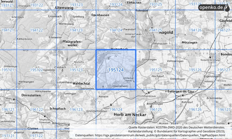 Übersichtskarte des KOSTRA-DWD-2020-Rasterfeldes Nr. 195124