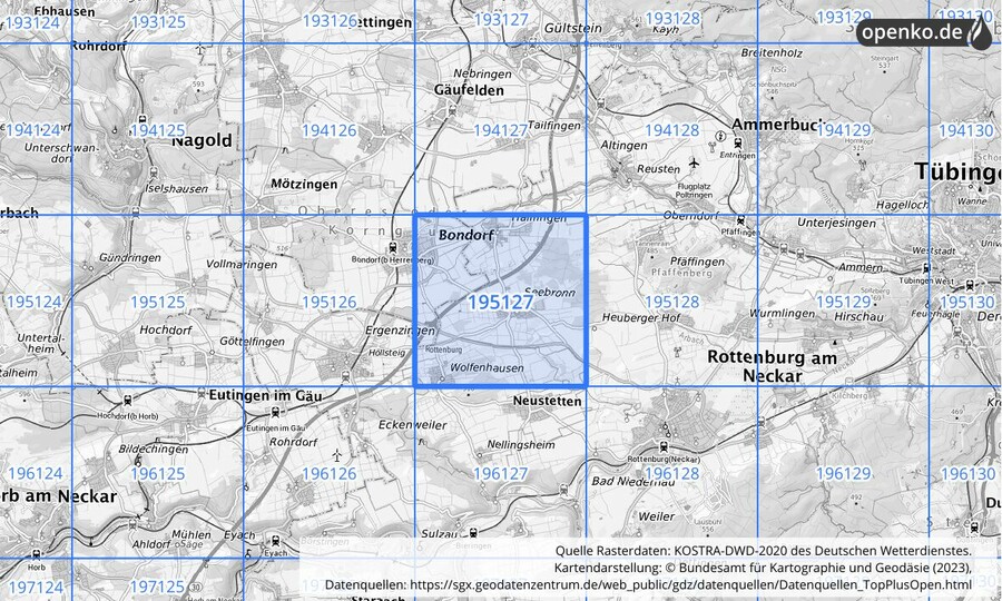 Übersichtskarte des KOSTRA-DWD-2020-Rasterfeldes Nr. 195127
